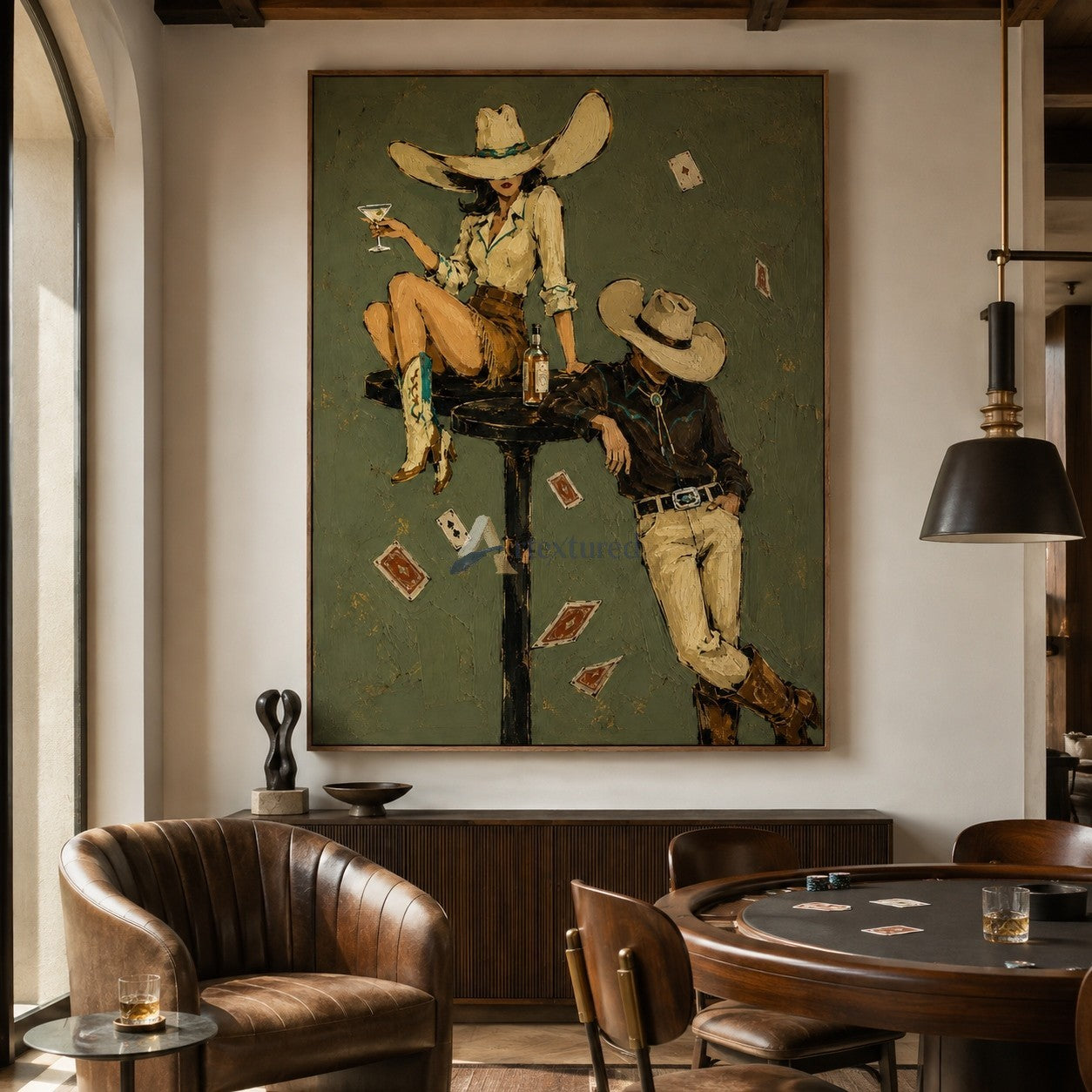 Wild Cards & Whiskey – Textured Cowboy Bar Painting#CI260488