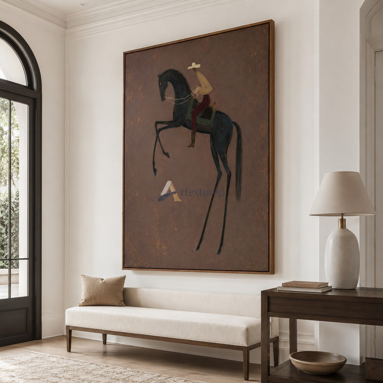 The High Step – Minimalist Black Horse and Cowboy Painting#CI260490