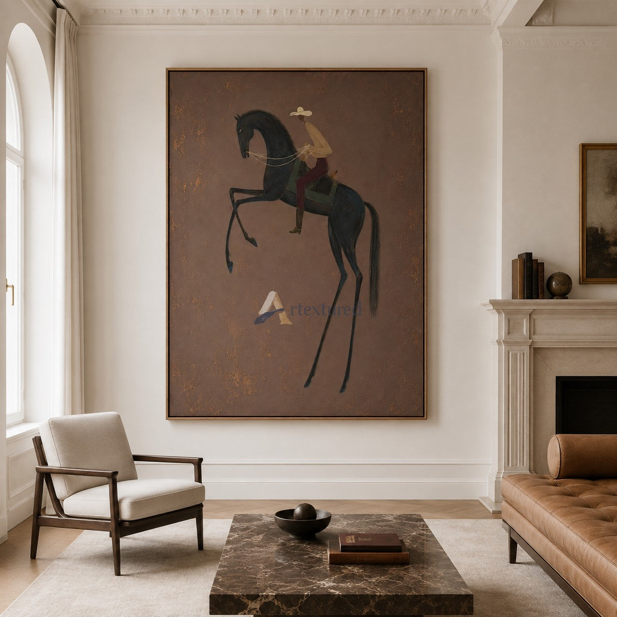 The High Step – Minimalist Black Horse and Cowboy Painting#CI260490