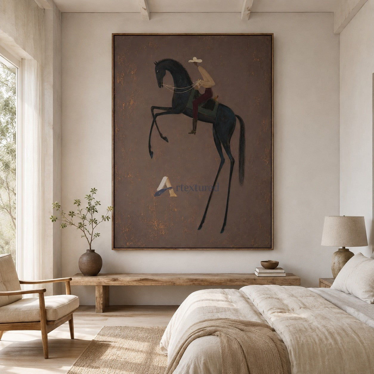The High Step – Minimalist Black Horse and Cowboy Painting#CI260490