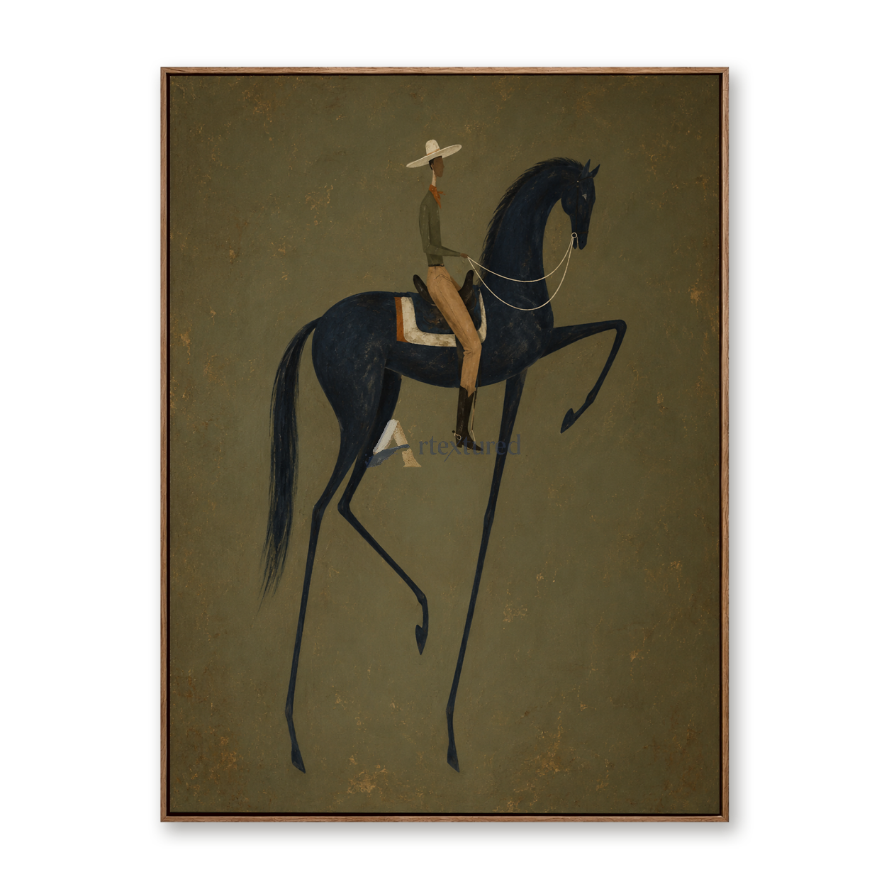 Quiet Command – Minimalist Black Horse and Rider Painting#CI260491