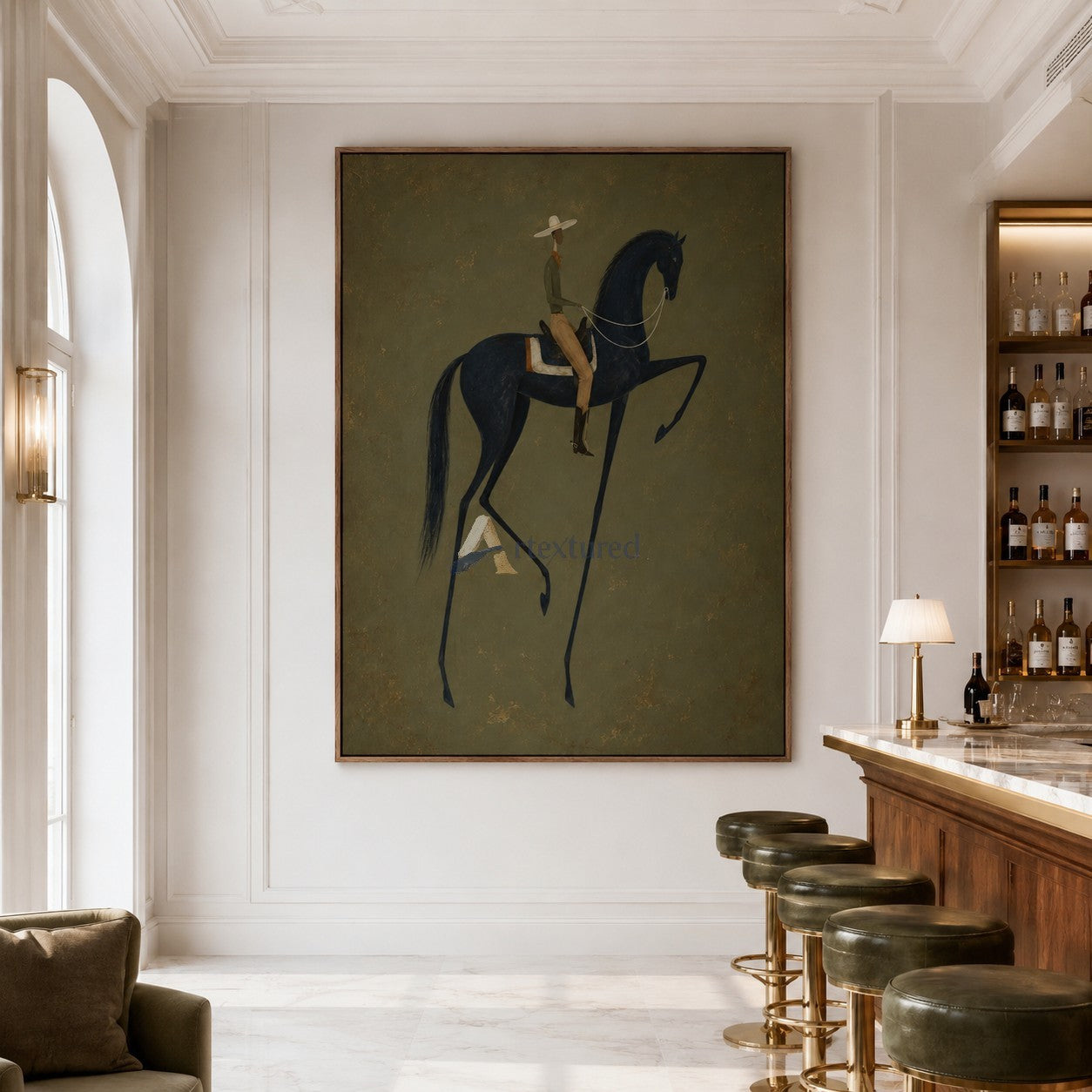 Quiet Command – Minimalist Black Horse and Rider Painting#CI260491