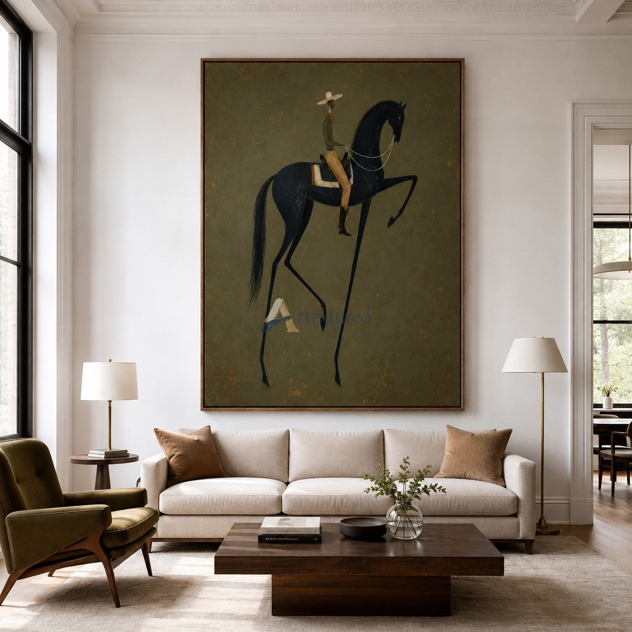 Quiet Command – Minimalist Black Horse and Rider Painting#CI260491