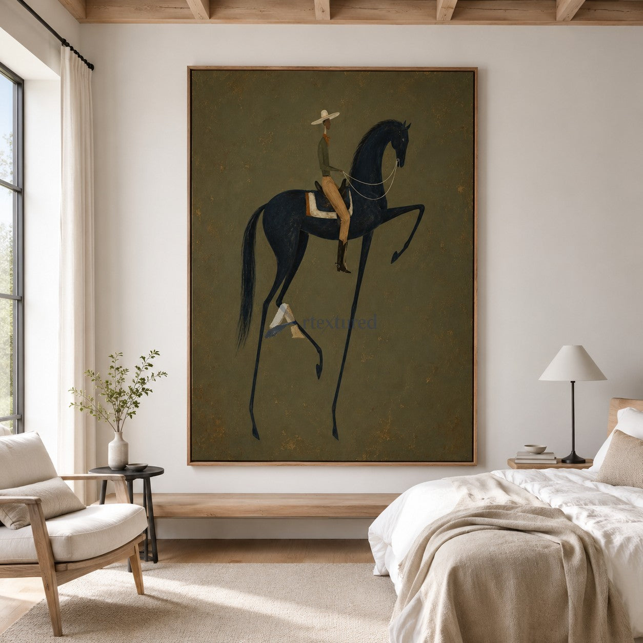 Quiet Command – Minimalist Black Horse and Rider Painting#CI260491