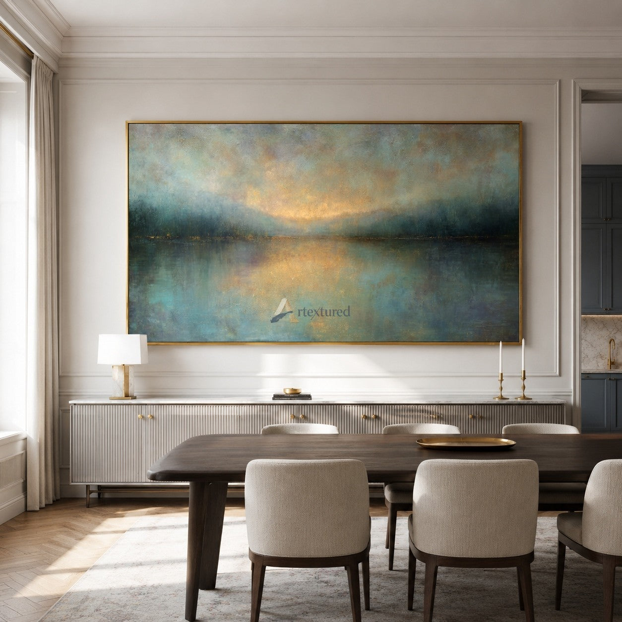 Golden Stillness – Abstract Misty Lake Landscape Oil Painting#CI260515
