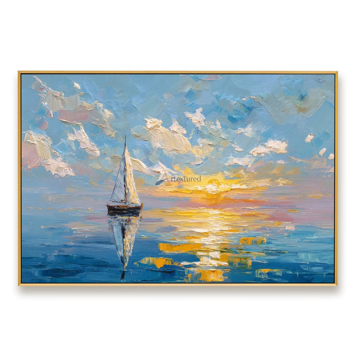 Sunlit Voyage – Impasto Sailboat Sunset Oil Painting#CI260532