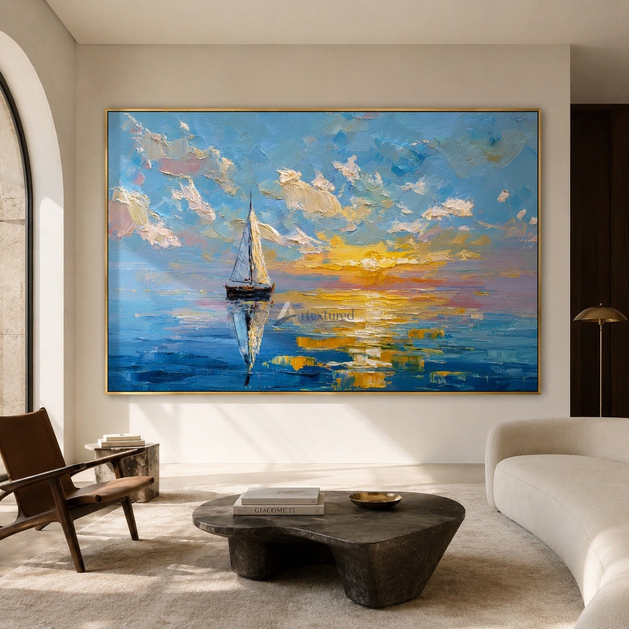 Sunlit Voyage – Impasto Sailboat Sunset Oil Painting#CI260532
