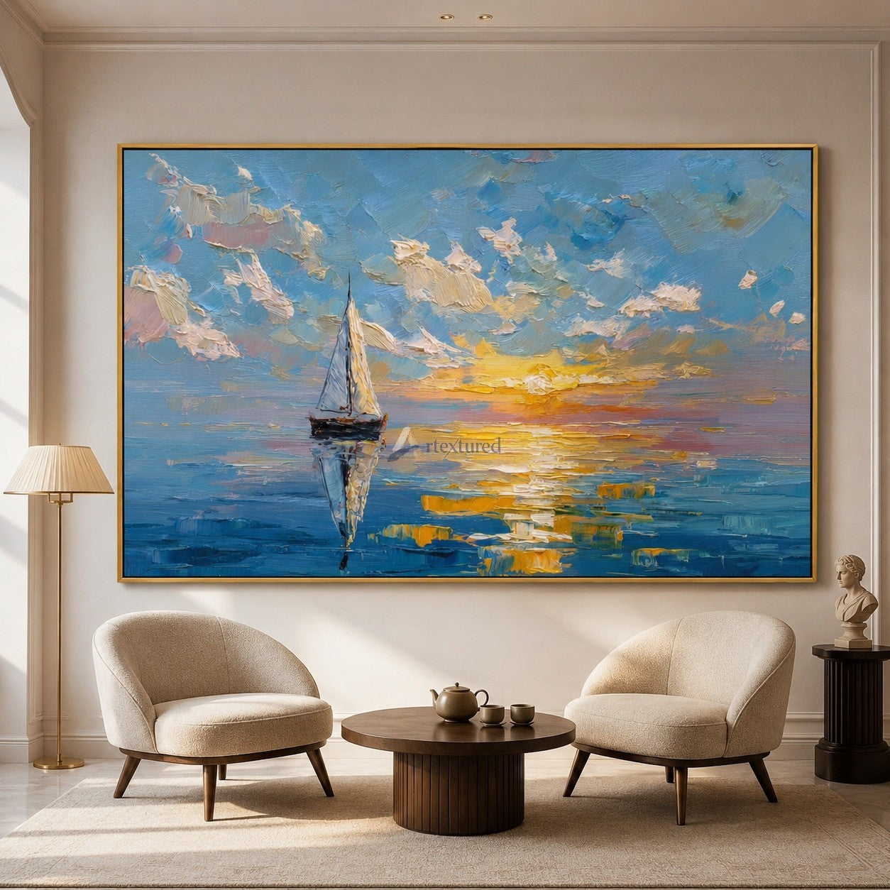 Sunlit Voyage – Impasto Sailboat Sunset Oil Painting#CI260532