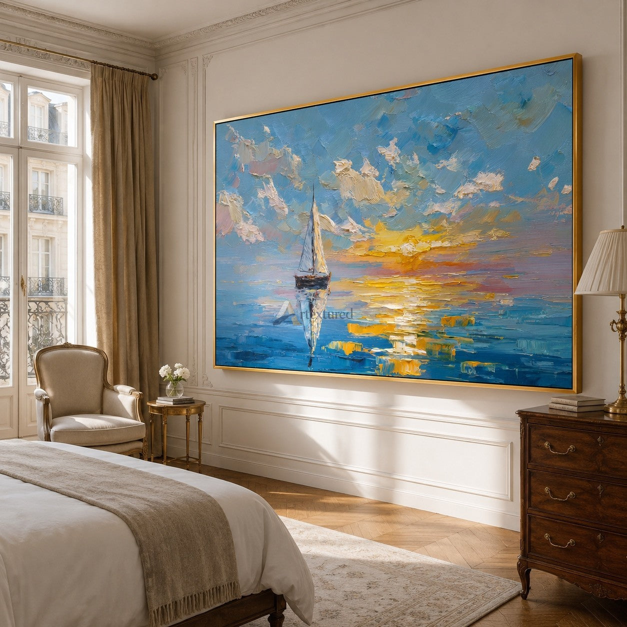 Sunlit Voyage – Impasto Sailboat Sunset Oil Painting#CI260532