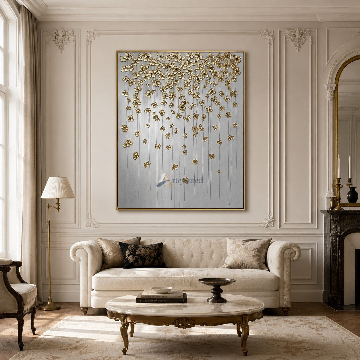Golden Cascade – Sculptural Floral Wall Art#CI260541