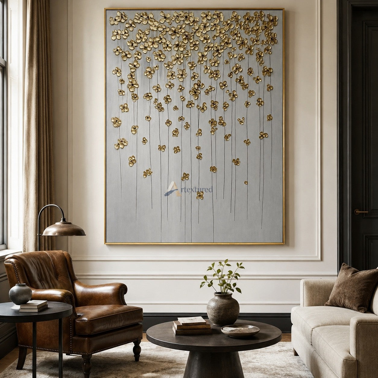 Golden Cascade – Sculptural Floral Wall Art#CI260541