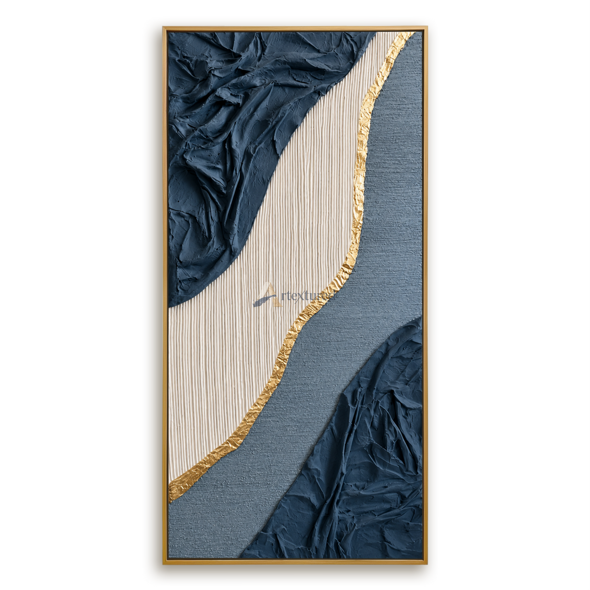 Gilded Current — Hand-Painted Navy Blue Wabi-Sabi Textured Abstract Wall Art#CI260567