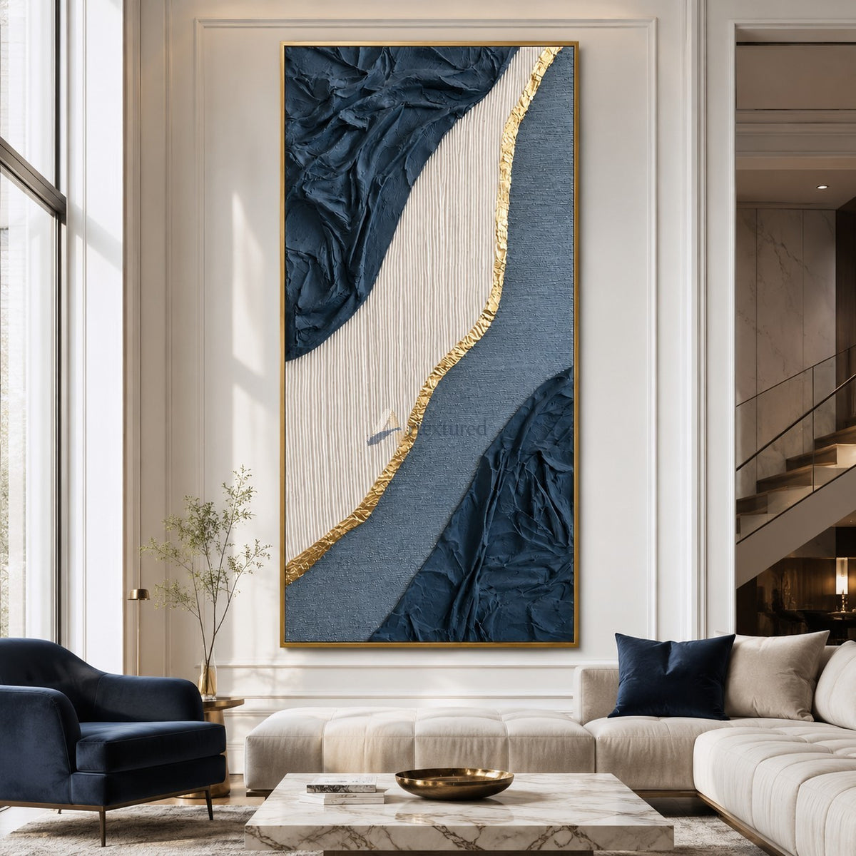 Gilded Current — Hand-Painted Navy Blue Wabi-Sabi Textured Abstract Wall Art#CI260567