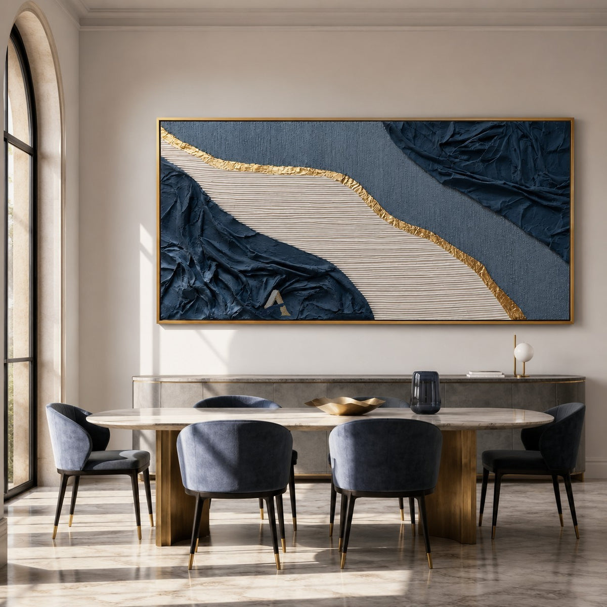 Gilded Current — Hand-Painted Navy Blue Wabi-Sabi Textured Abstract Wall Art#CI260567