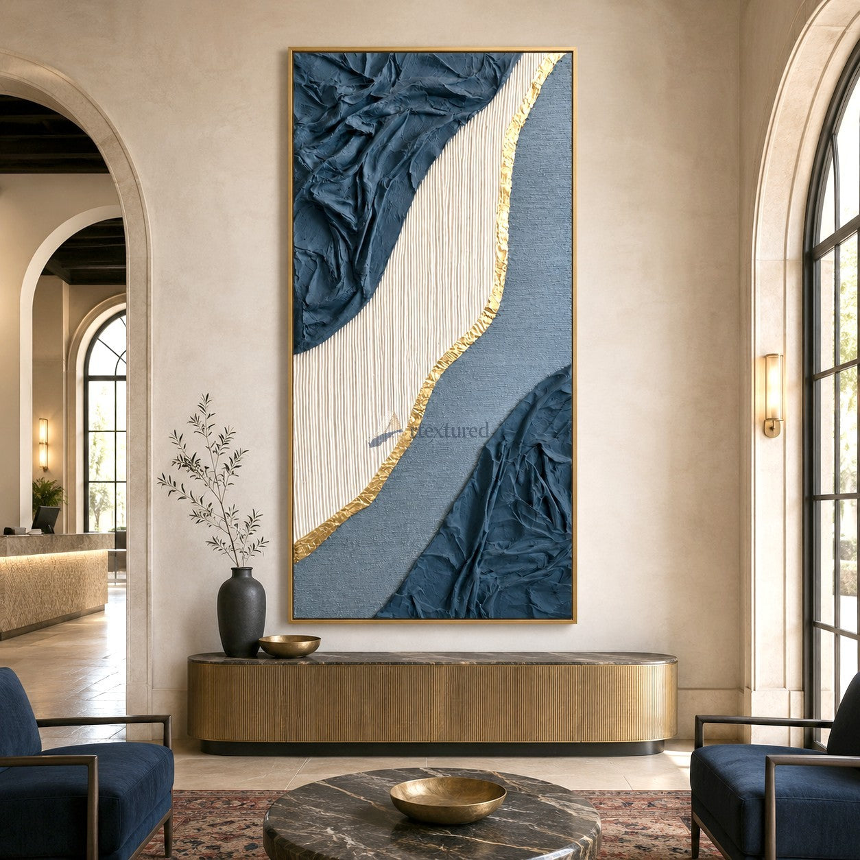 Gilded Current — Hand-Painted Navy Blue Wabi-Sabi Textured Abstract Wall Art#CI260567