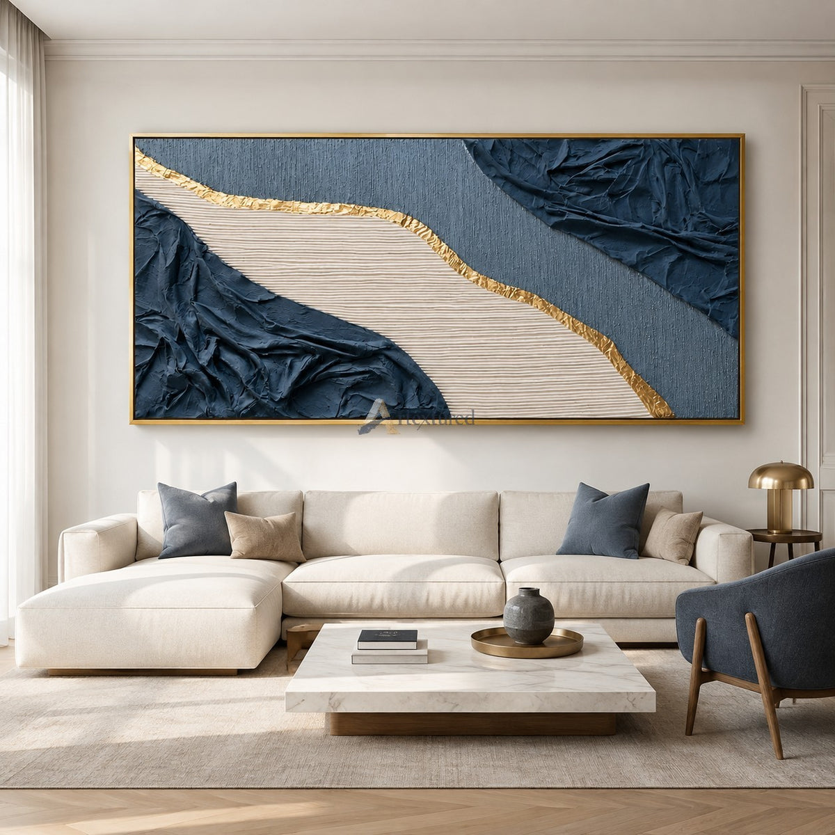 Gilded Current — Hand-Painted Navy Blue Wabi-Sabi Textured Abstract Wall Art#CI260567