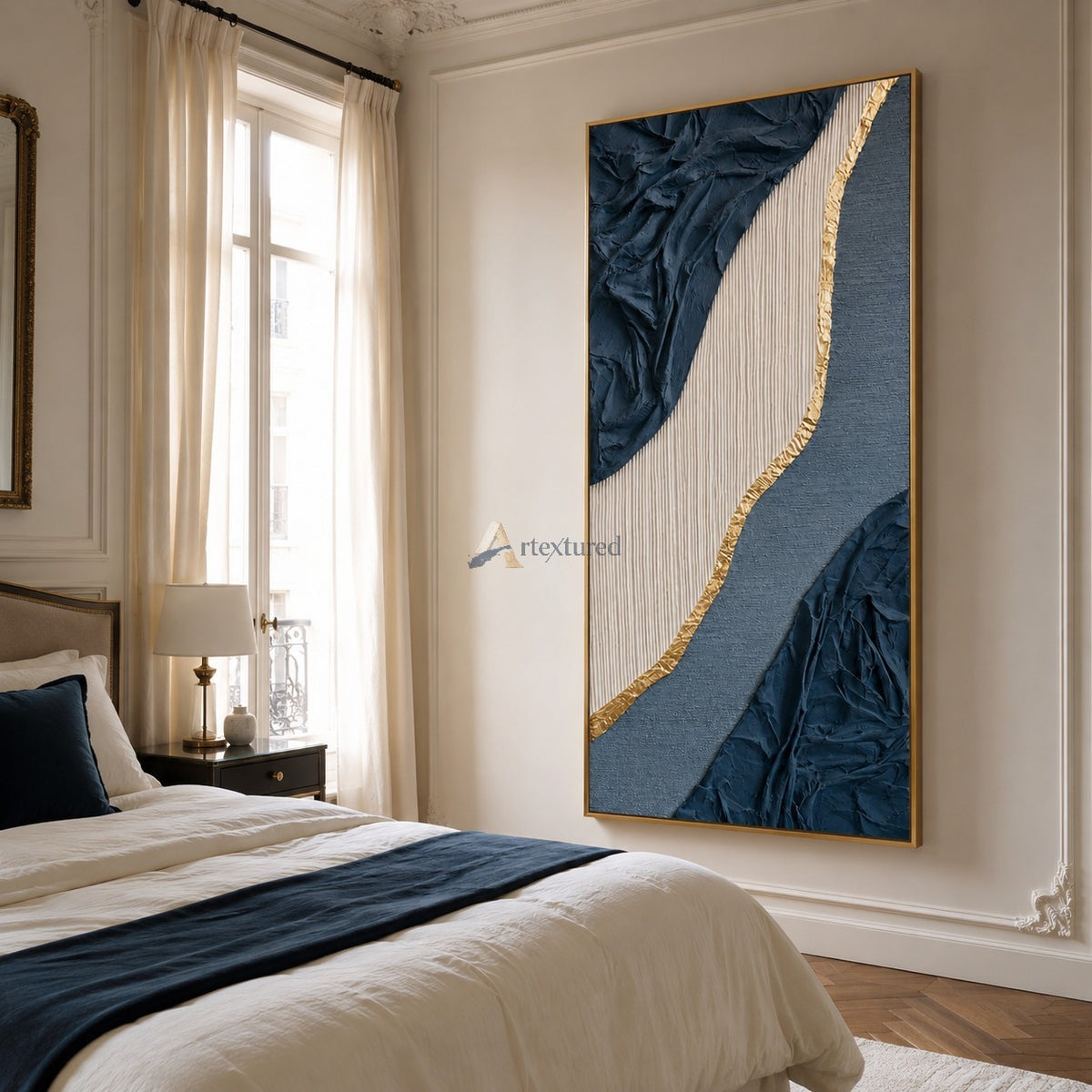 Gilded Current — Hand-Painted Navy Blue Wabi-Sabi Textured Abstract Wall Art#CI260567