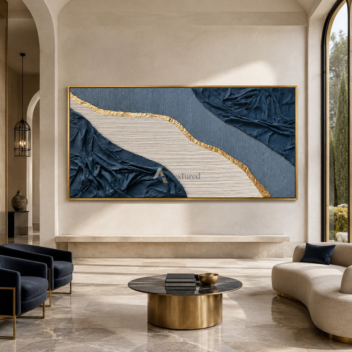 Gilded Current — Hand-Painted Navy Blue Wabi-Sabi Textured Abstract Wall Art#CI260567