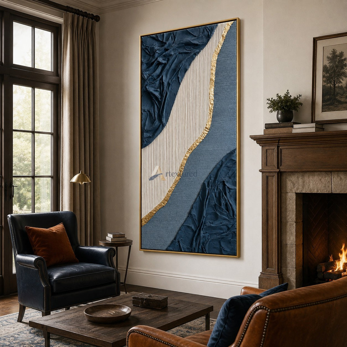 Gilded Current — Hand-Painted Navy Blue Wabi-Sabi Textured Abstract Wall Art#CI260567