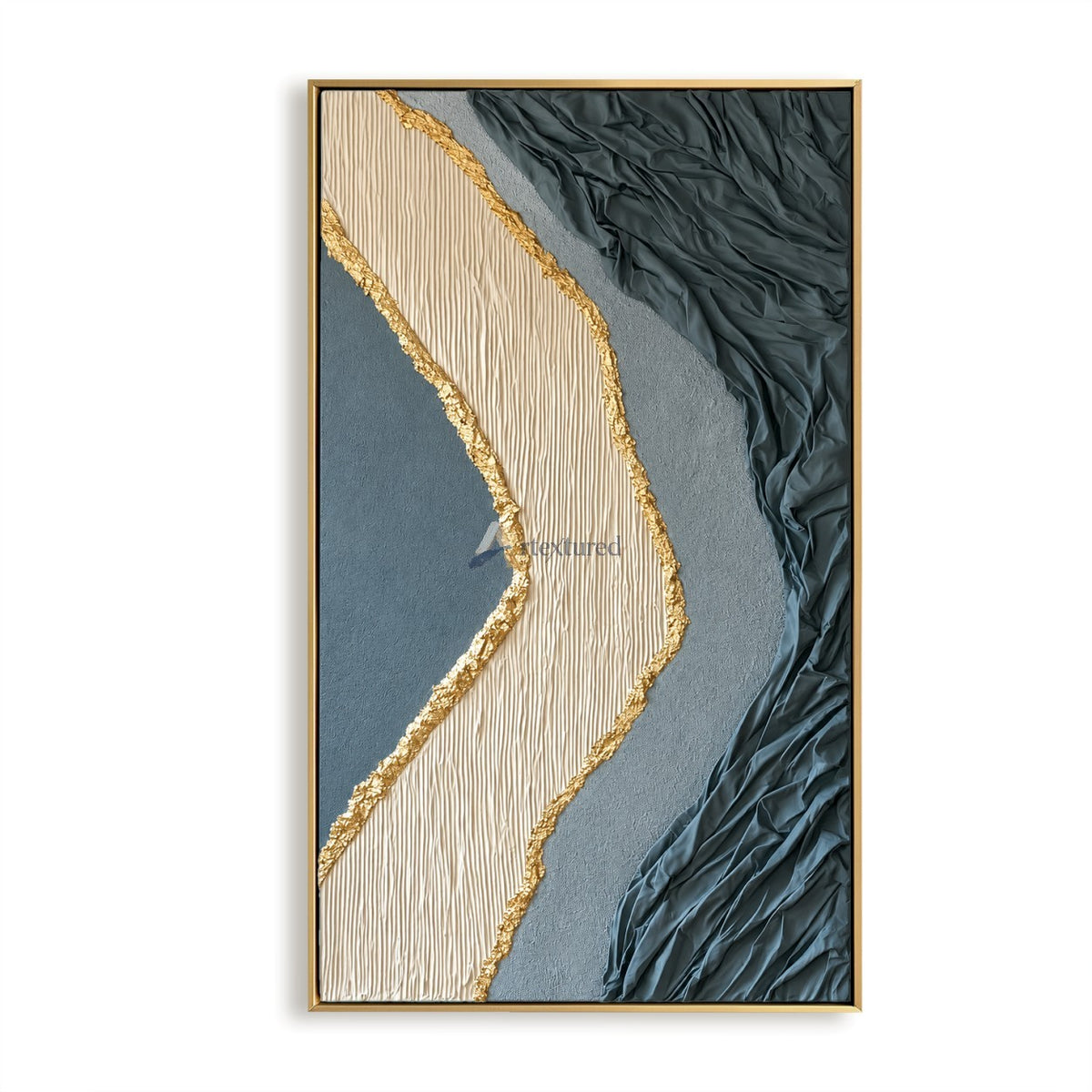 Gilded Divide — Hand-Painted Blue Gray Wabi-Sabi Textured Abstract Wall Art#CI260568