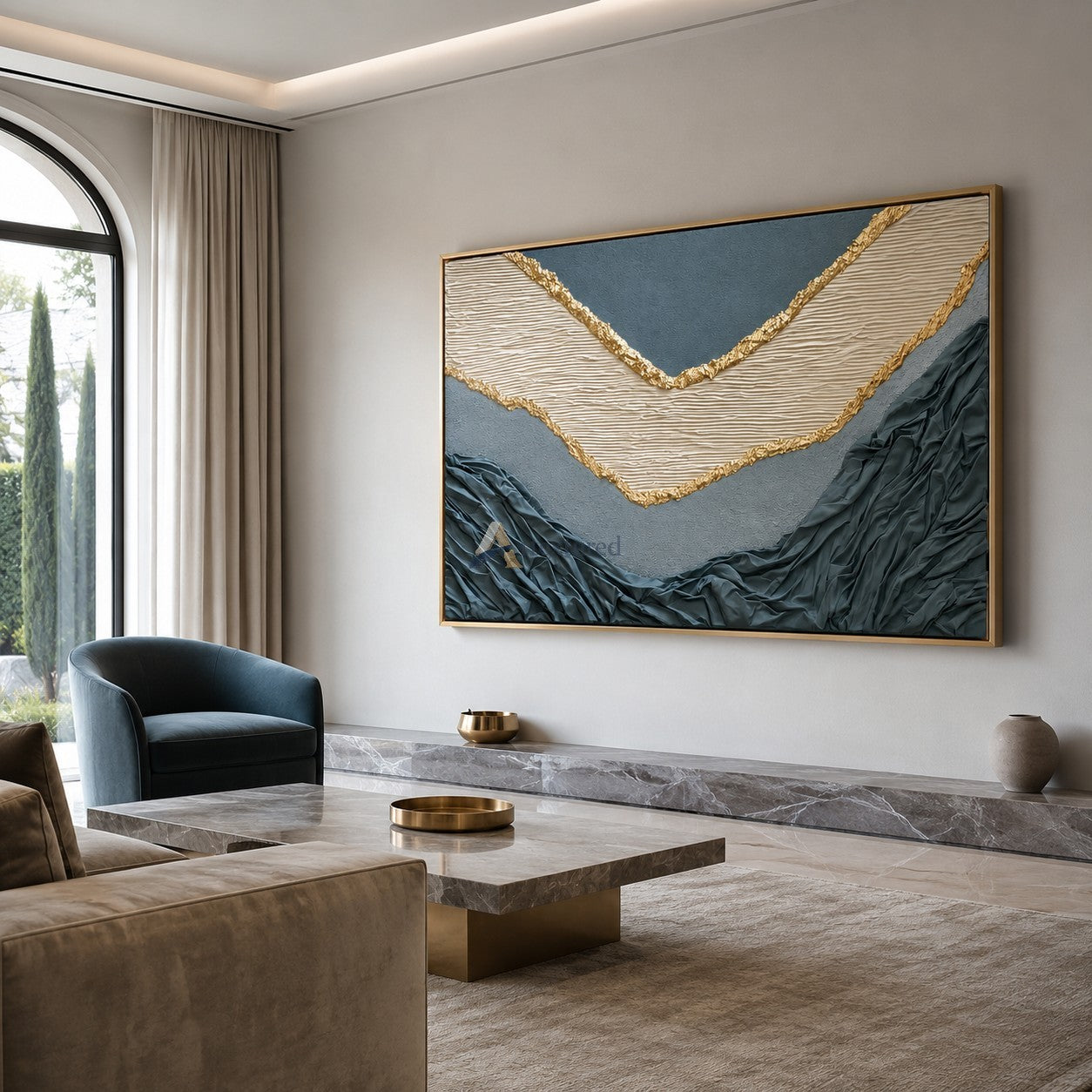 Gilded Divide — Hand-Painted Blue Gray Wabi-Sabi Textured Abstract Wall Art#CI260568