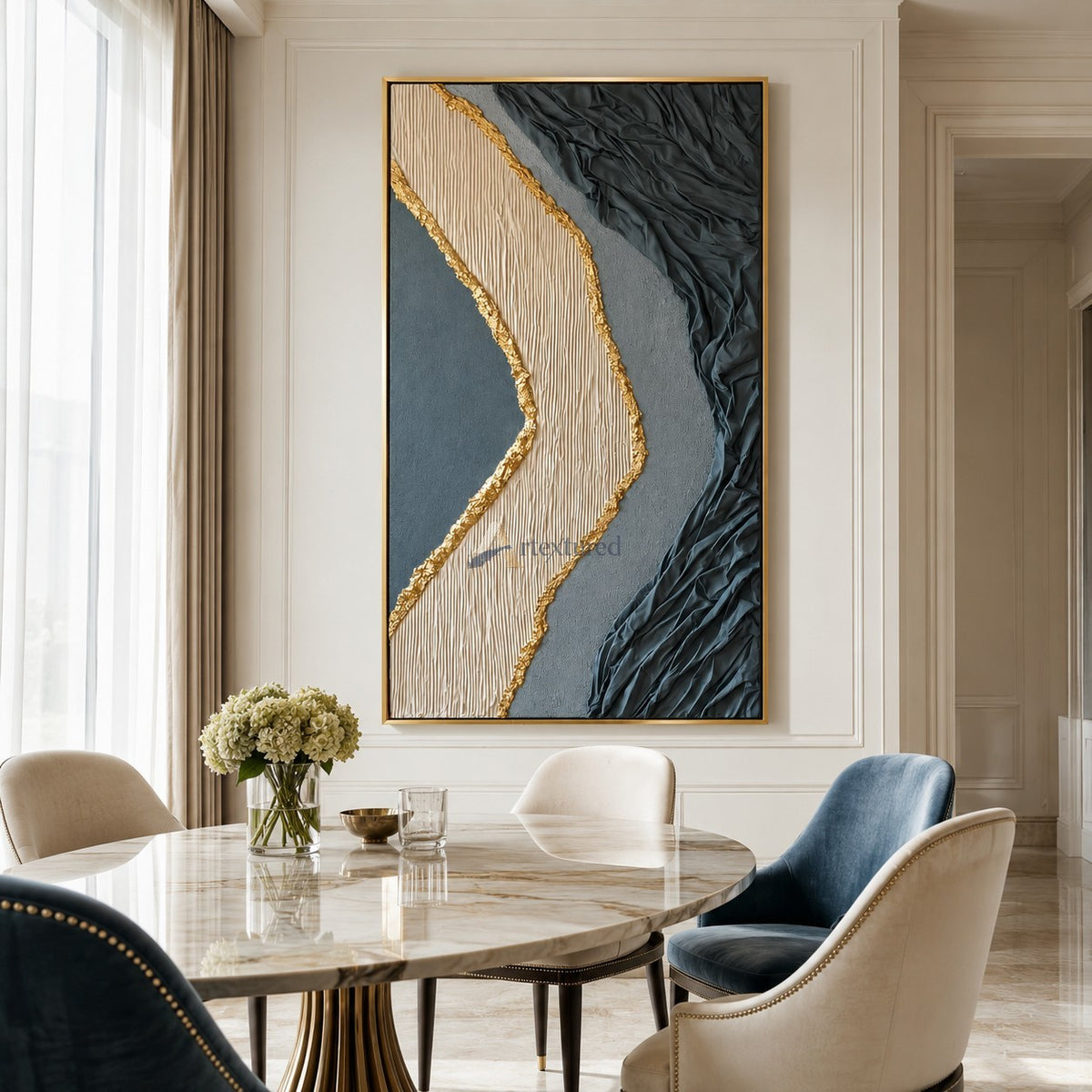 Gilded Divide — Hand-Painted Blue Gray Wabi-Sabi Textured Abstract Wall Art#CI260568