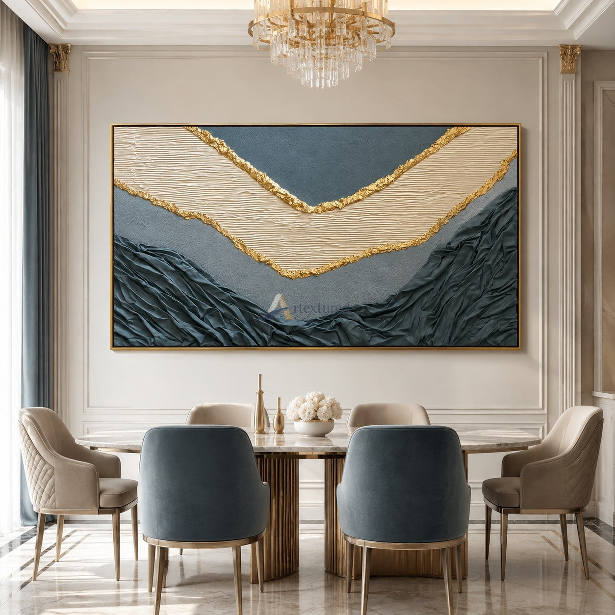 Gilded Divide — Hand-Painted Blue Gray Wabi-Sabi Textured Abstract Wall Art#CI260568