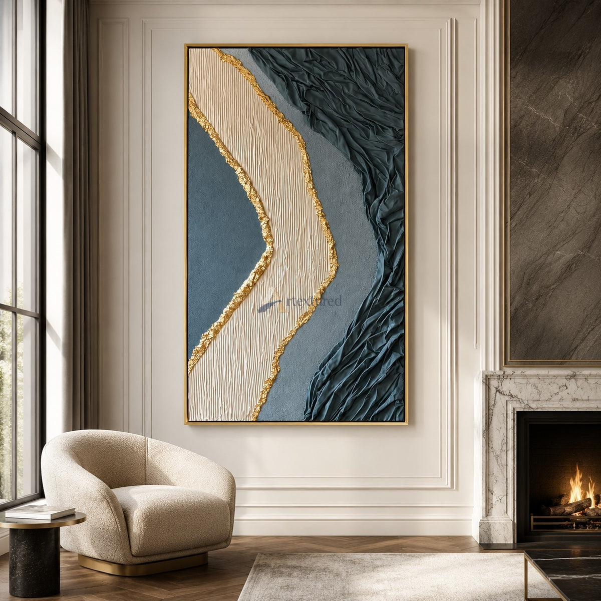 Gilded Divide — Hand-Painted Blue Gray Wabi-Sabi Textured Abstract Wall Art#CI260568