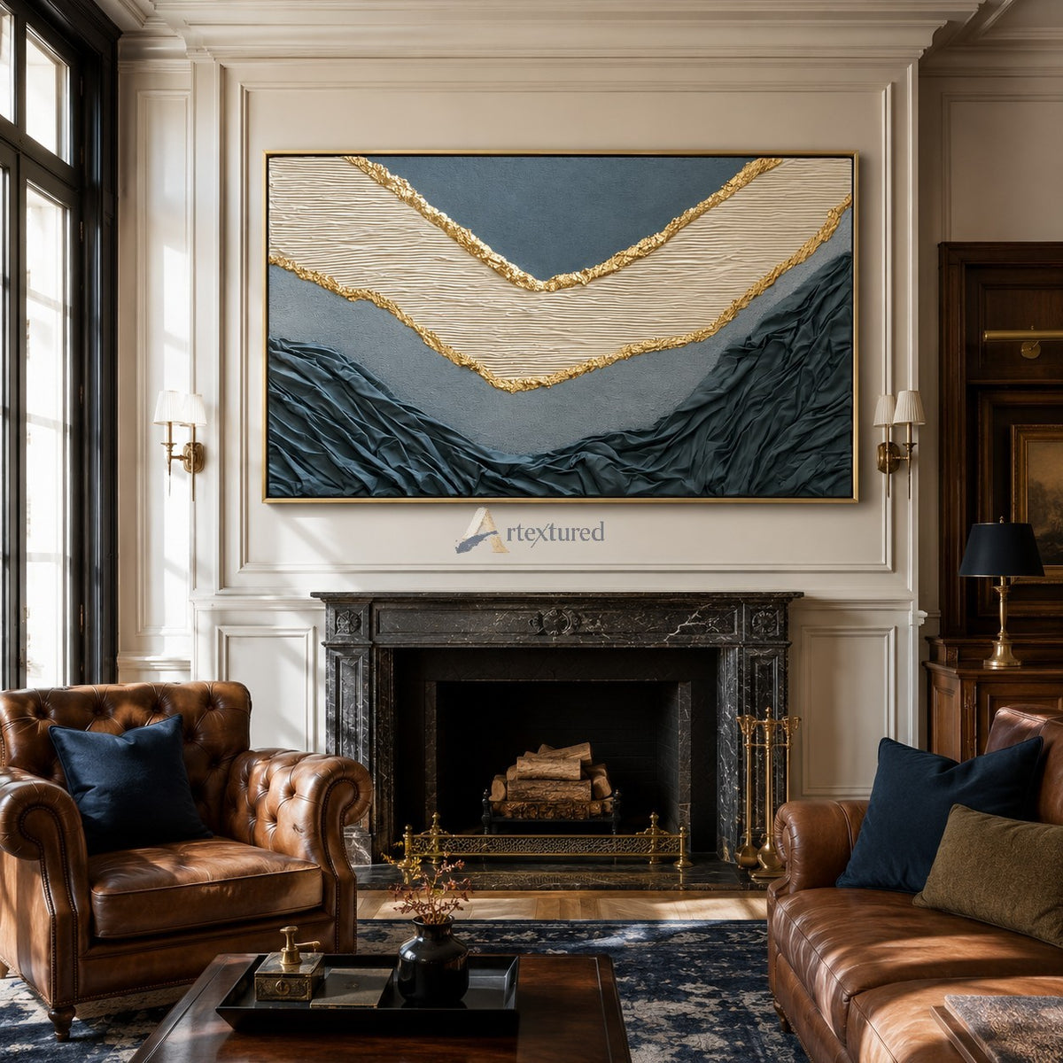 Gilded Divide — Hand-Painted Blue Gray Wabi-Sabi Textured Abstract Wall Art#CI260568