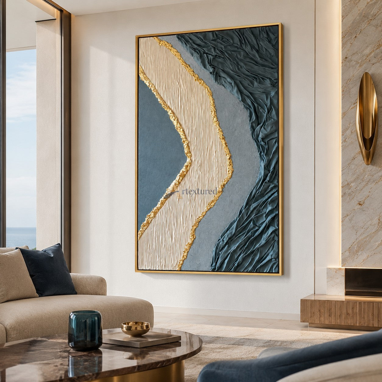 Gilded Divide — Hand-Painted Blue Gray Wabi-Sabi Textured Abstract Wall Art#CI260568