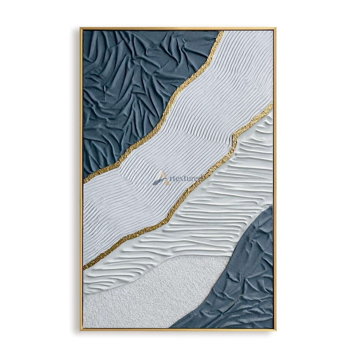 Gilded Tides — Hand-Painted Blue and White Wabi-Sabi Textured Abstract Wall Art#CI260569
