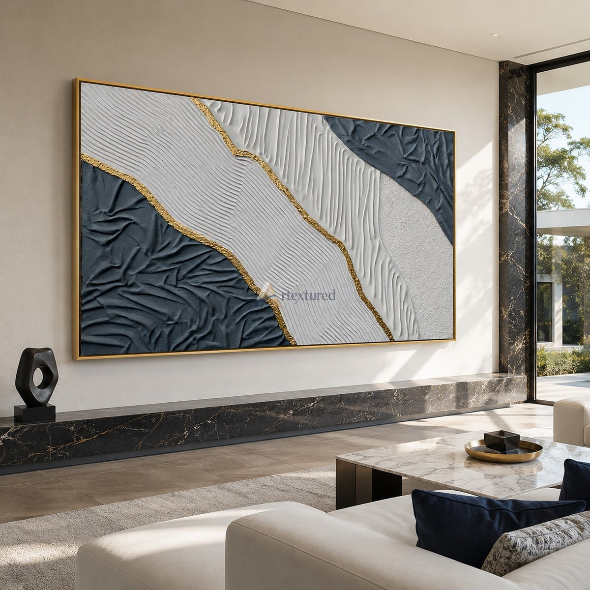Gilded Tides — Hand-Painted Blue and White Wabi-Sabi Textured Abstract Wall Art#CI260569