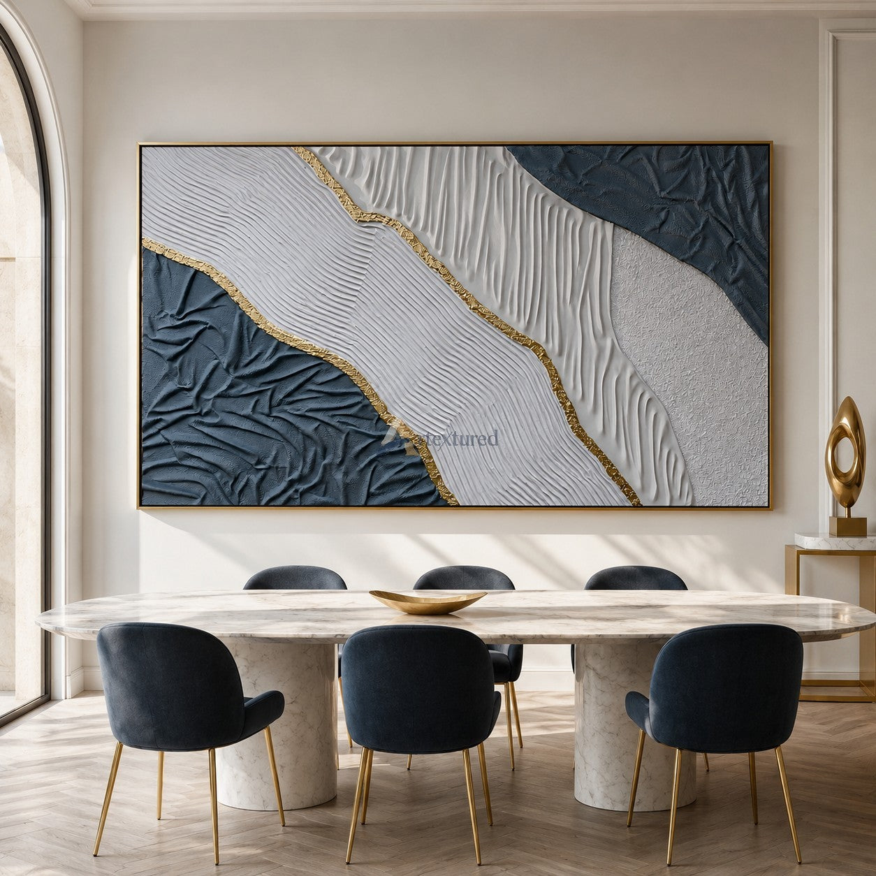 Gilded Tides — Hand-Painted Blue and White Wabi-Sabi Textured Abstract Wall Art#CI260569