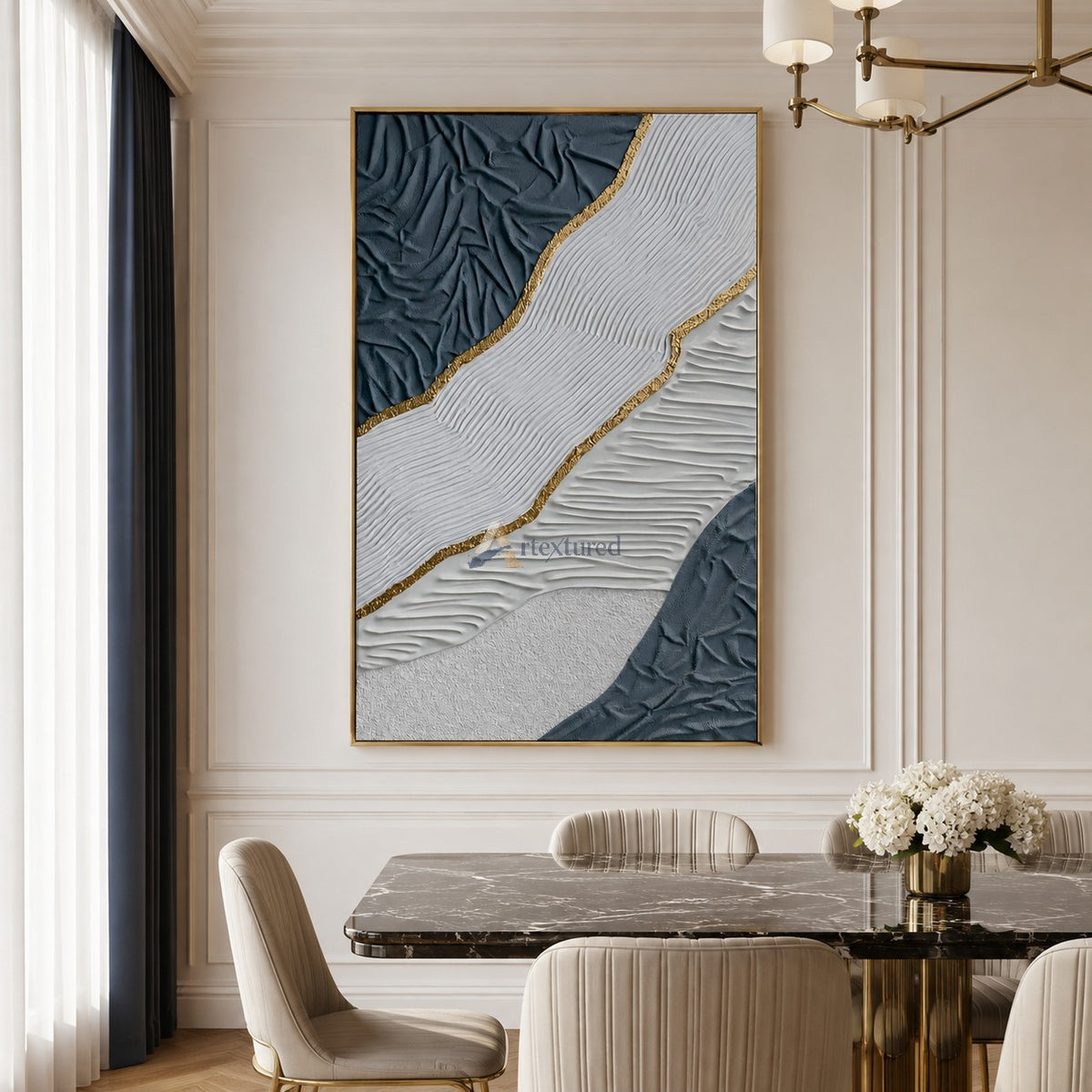 Gilded Tides — Hand-Painted Blue and White Wabi-Sabi Textured Abstract Wall Art#CI260569