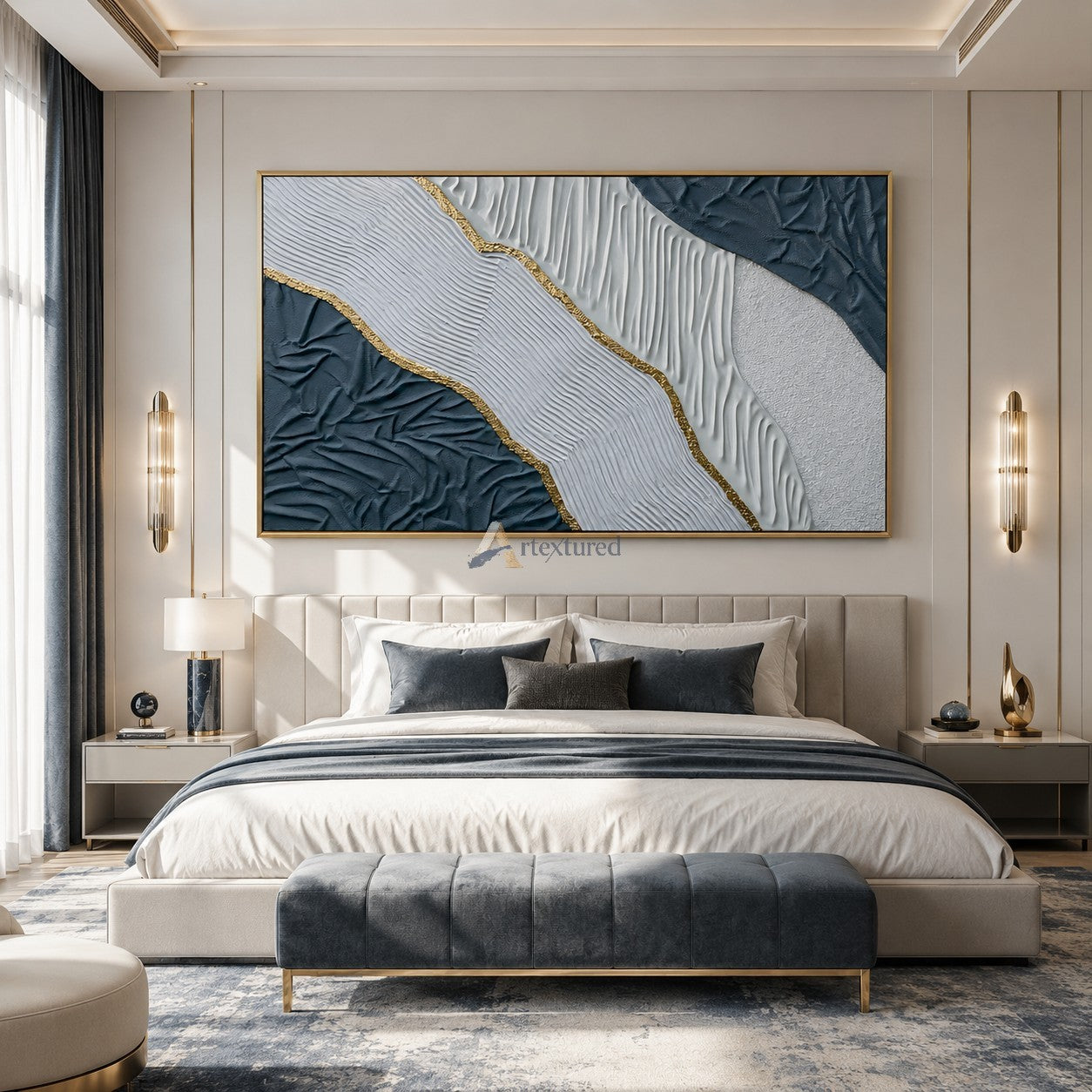 Gilded Tides — Hand-Painted Blue and White Wabi-Sabi Textured Abstract Wall Art#CI260569