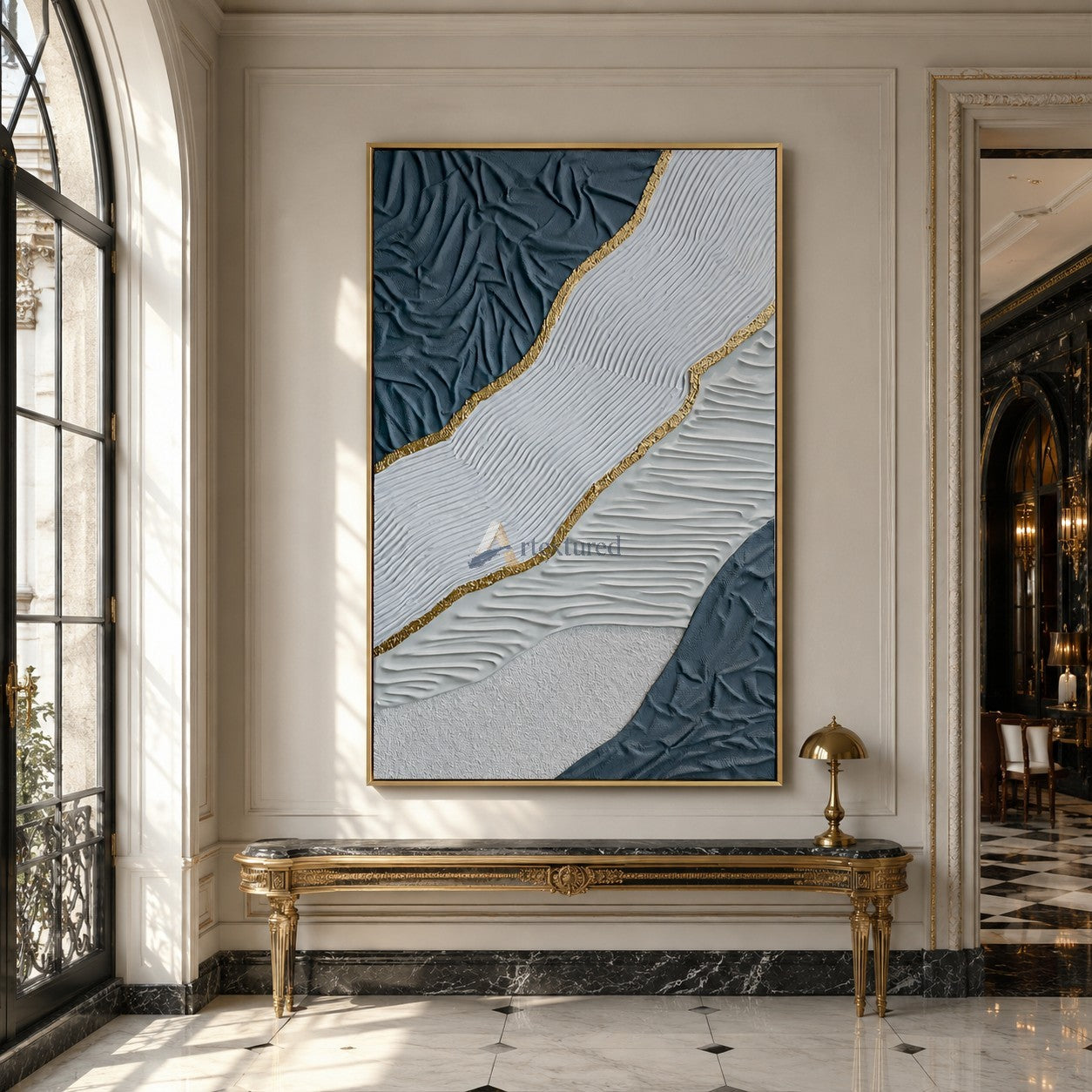 Gilded Tides — Hand-Painted Blue and White Wabi-Sabi Textured Abstract Wall Art#CI260569