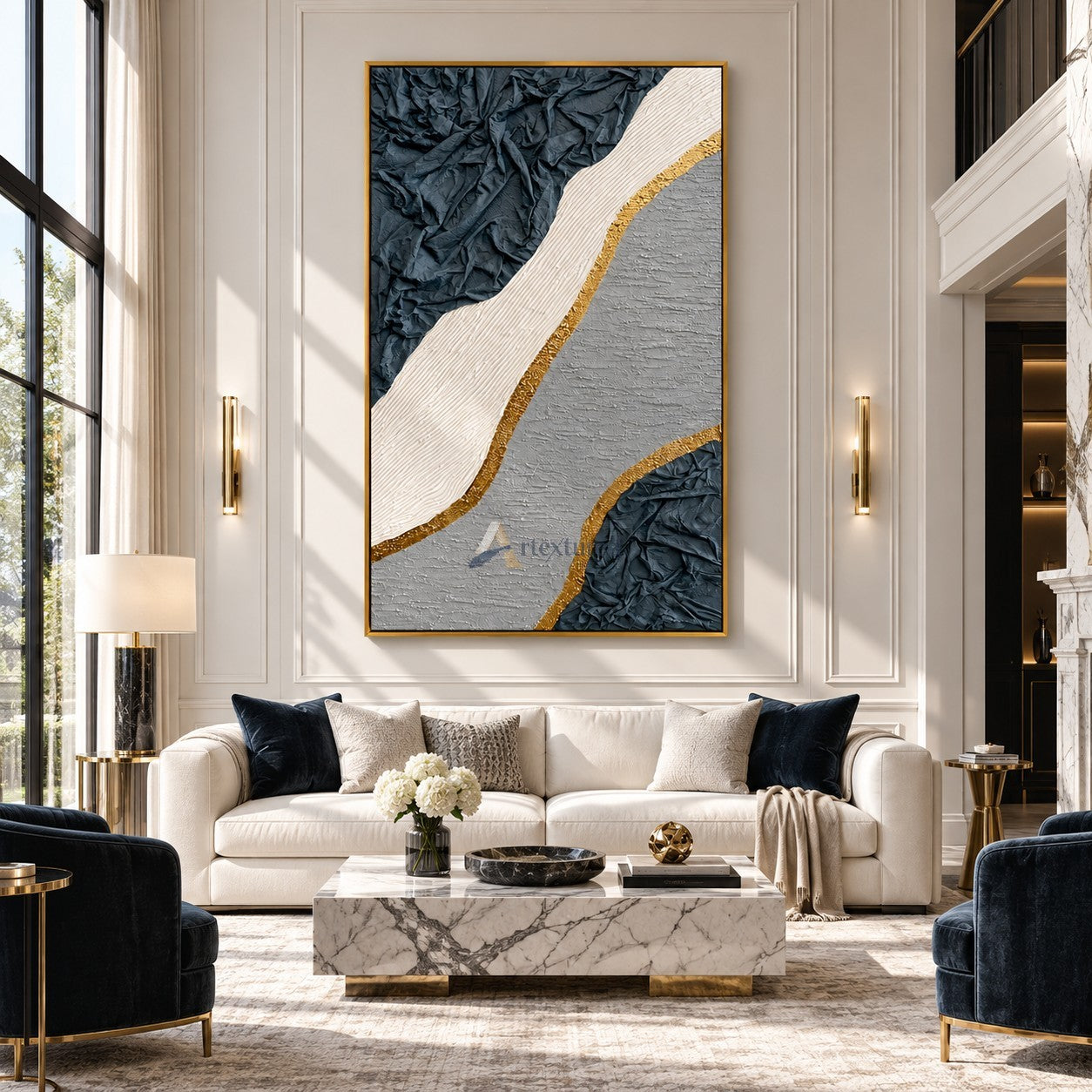 Gilded Terrain — Hand-Painted Blue Gray Wabi-Sabi Textured Abstract Wall Art#CI260570