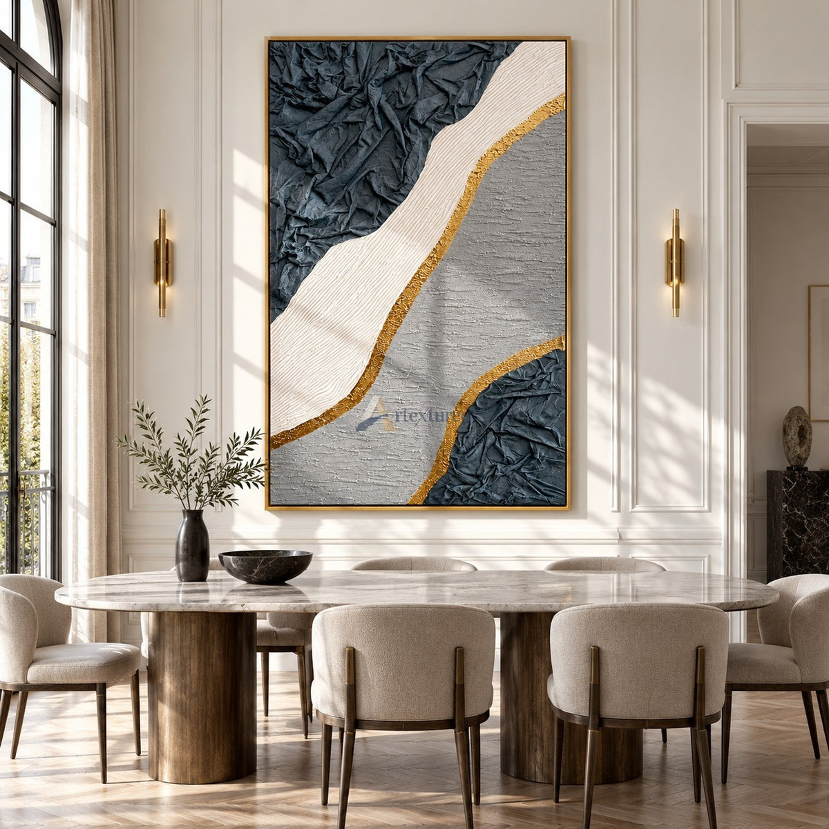 Gilded Terrain — Hand-Painted Blue Gray Wabi-Sabi Textured Abstract Wall Art#CI260570