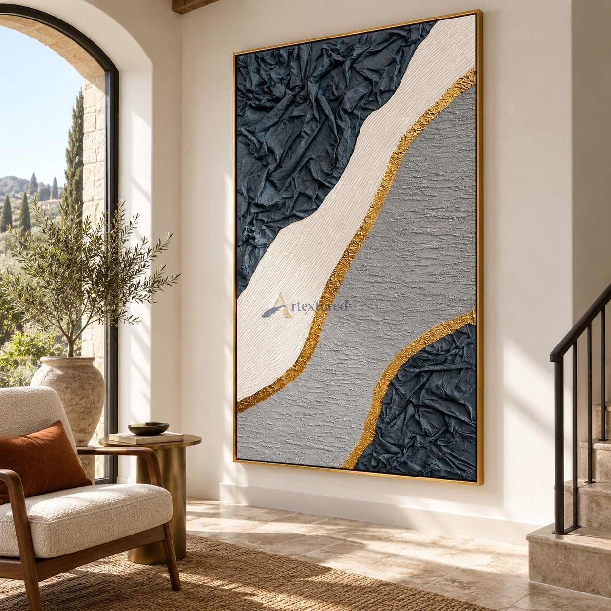 Gilded Terrain — Hand-Painted Blue Gray Wabi-Sabi Textured Abstract Wall Art#CI260570