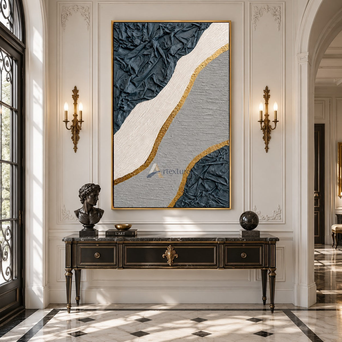 Gilded Terrain — Hand-Painted Blue Gray Wabi-Sabi Textured Abstract Wall Art#CI260570