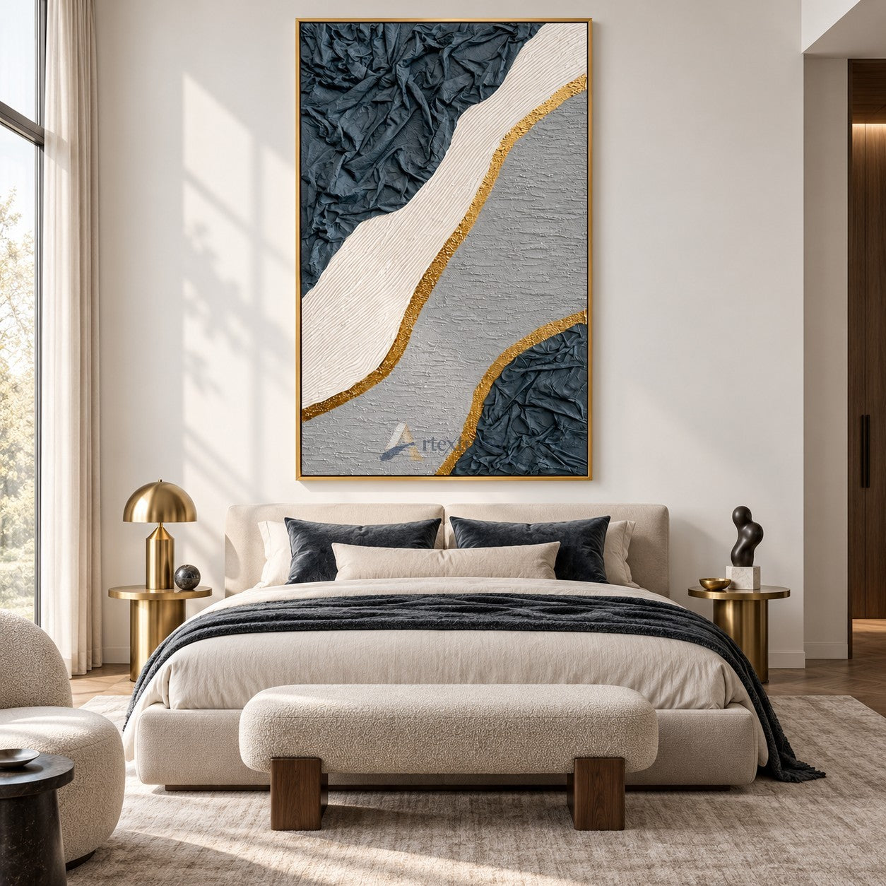 Gilded Terrain — Hand-Painted Blue Gray Wabi-Sabi Textured Abstract Wall Art#CI260570