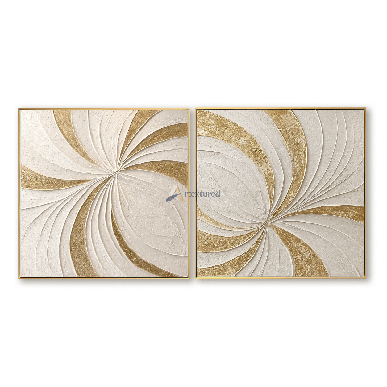 Gilded Motion — Hand-Painted White and Gold Textured Abstract Wall Art Set#CI260571