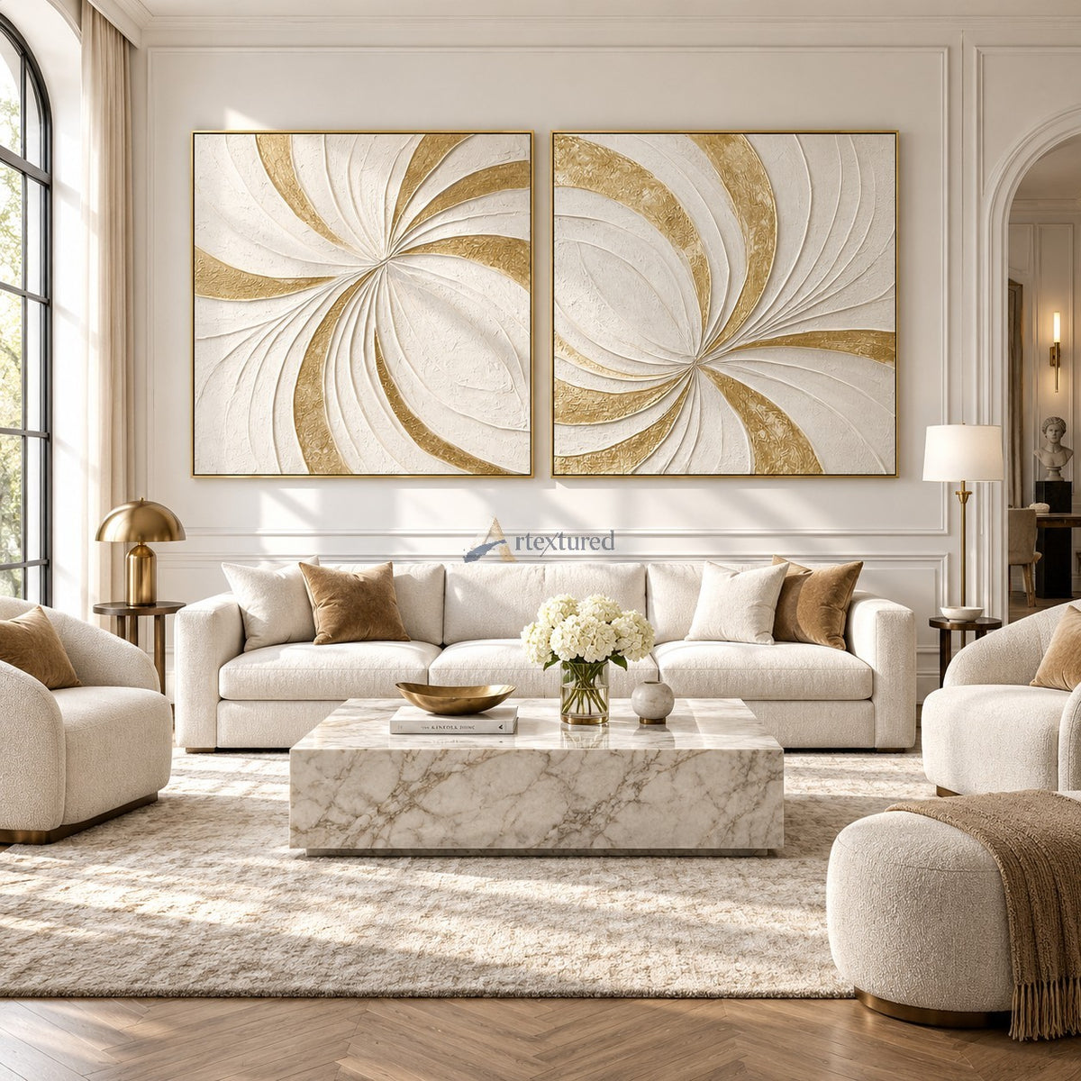 Gilded Motion — Hand-Painted White and Gold Textured Abstract Wall Art Set#CI260571