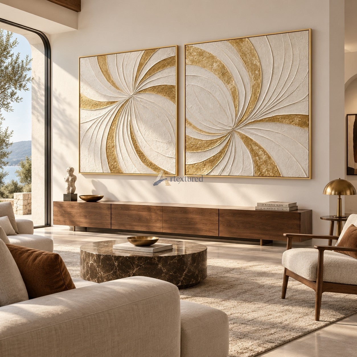 Gilded Motion — Hand-Painted White and Gold Textured Abstract Wall Art Set#CI260571