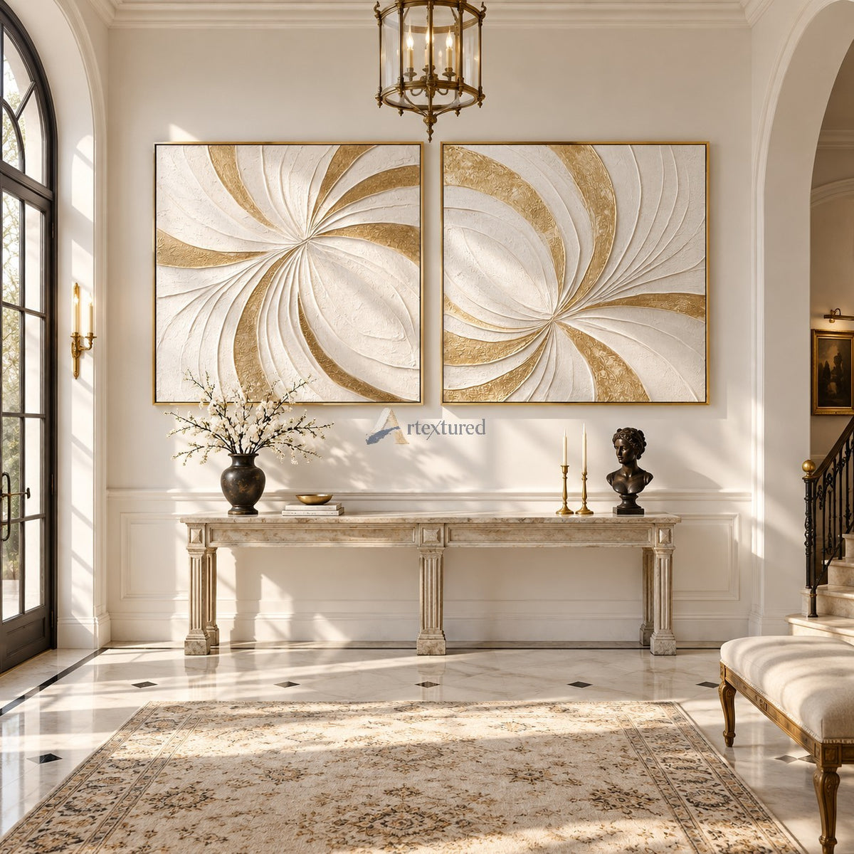 Gilded Motion — Hand-Painted White and Gold Textured Abstract Wall Art Set#CI260571