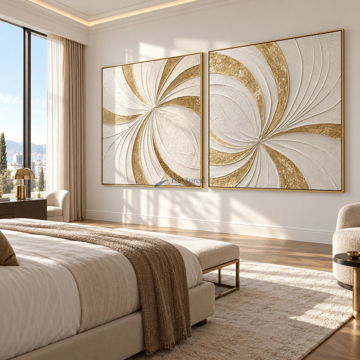 Gilded Motion — Hand-Painted White and Gold Textured Abstract Wall Art Set#CI260571