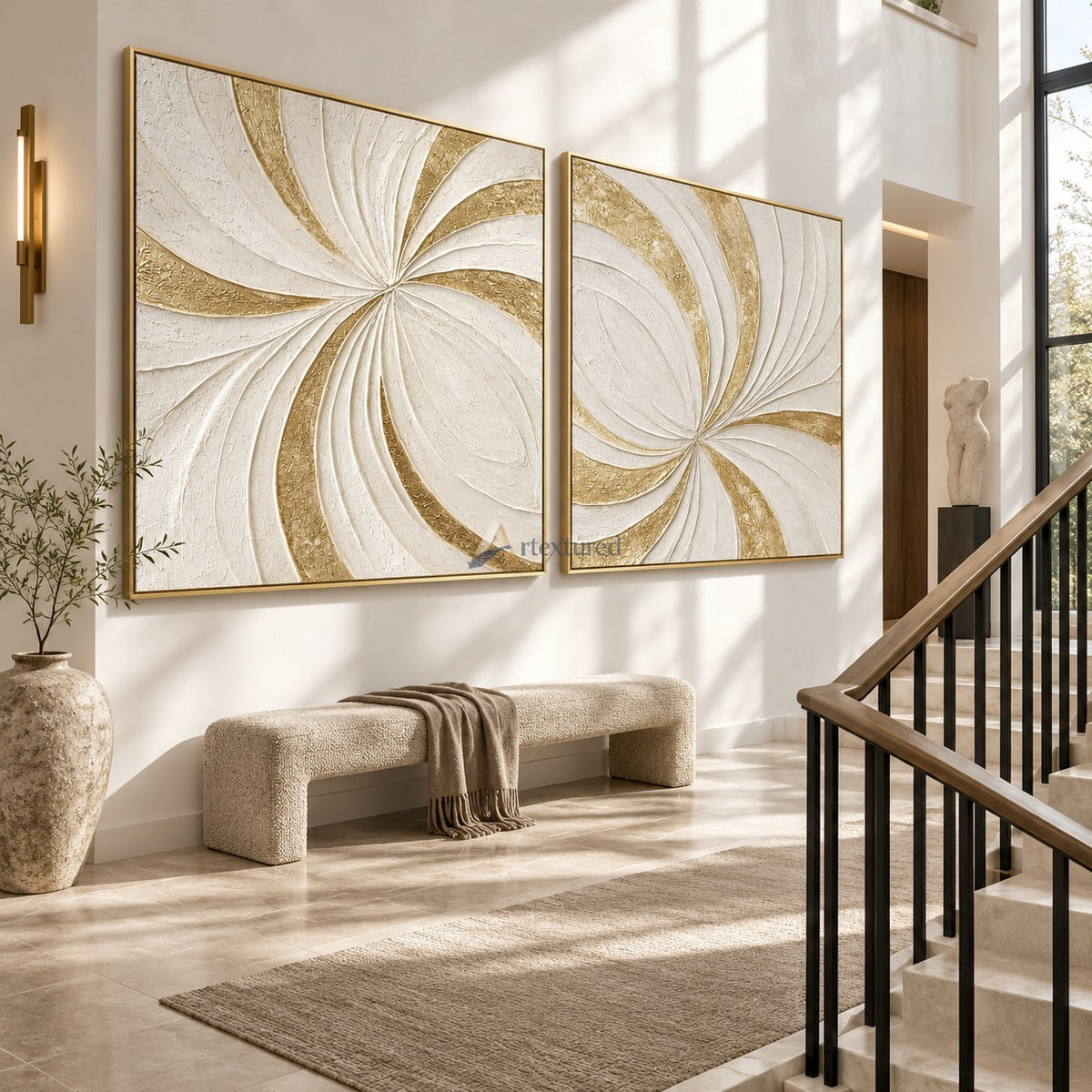 Gilded Motion — Hand-Painted White and Gold Textured Abstract Wall Art Set#CI260571