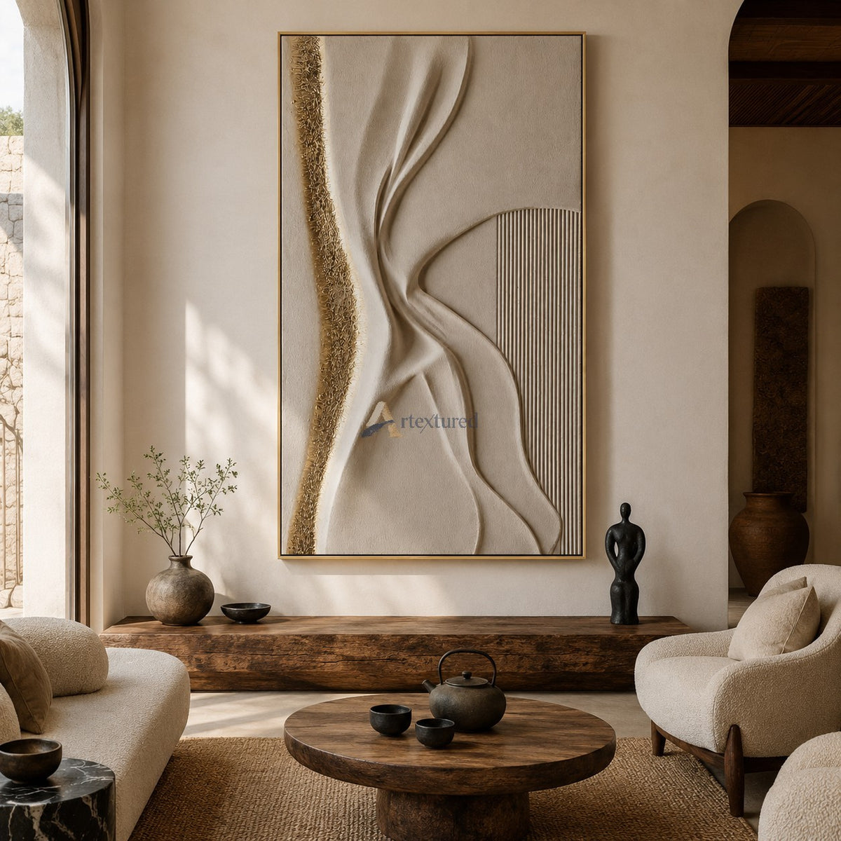 Golden Fold — Hand-Painted Ivory Wabi-Sabi Sculptural Textured Wall Art#CI260574