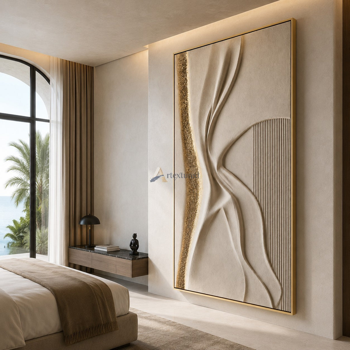 Golden Fold — Hand-Painted Ivory Wabi-Sabi Sculptural Textured Wall Art#CI260574