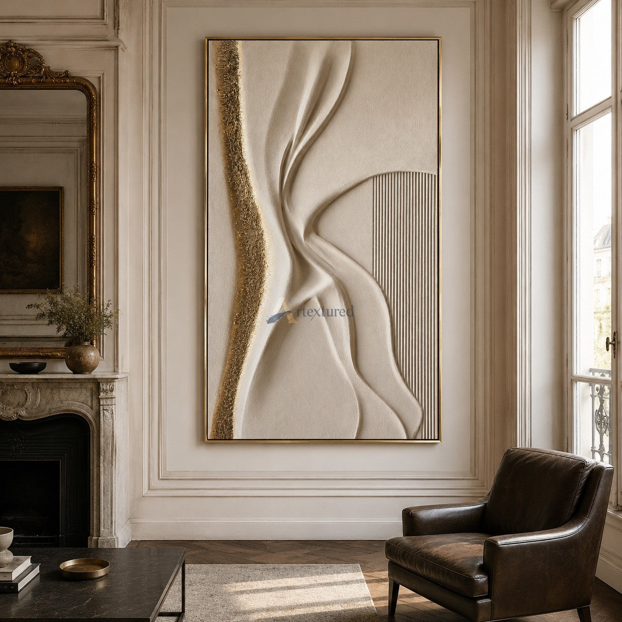 Golden Fold — Hand-Painted Ivory Wabi-Sabi Sculptural Textured Wall Art#CI260574
